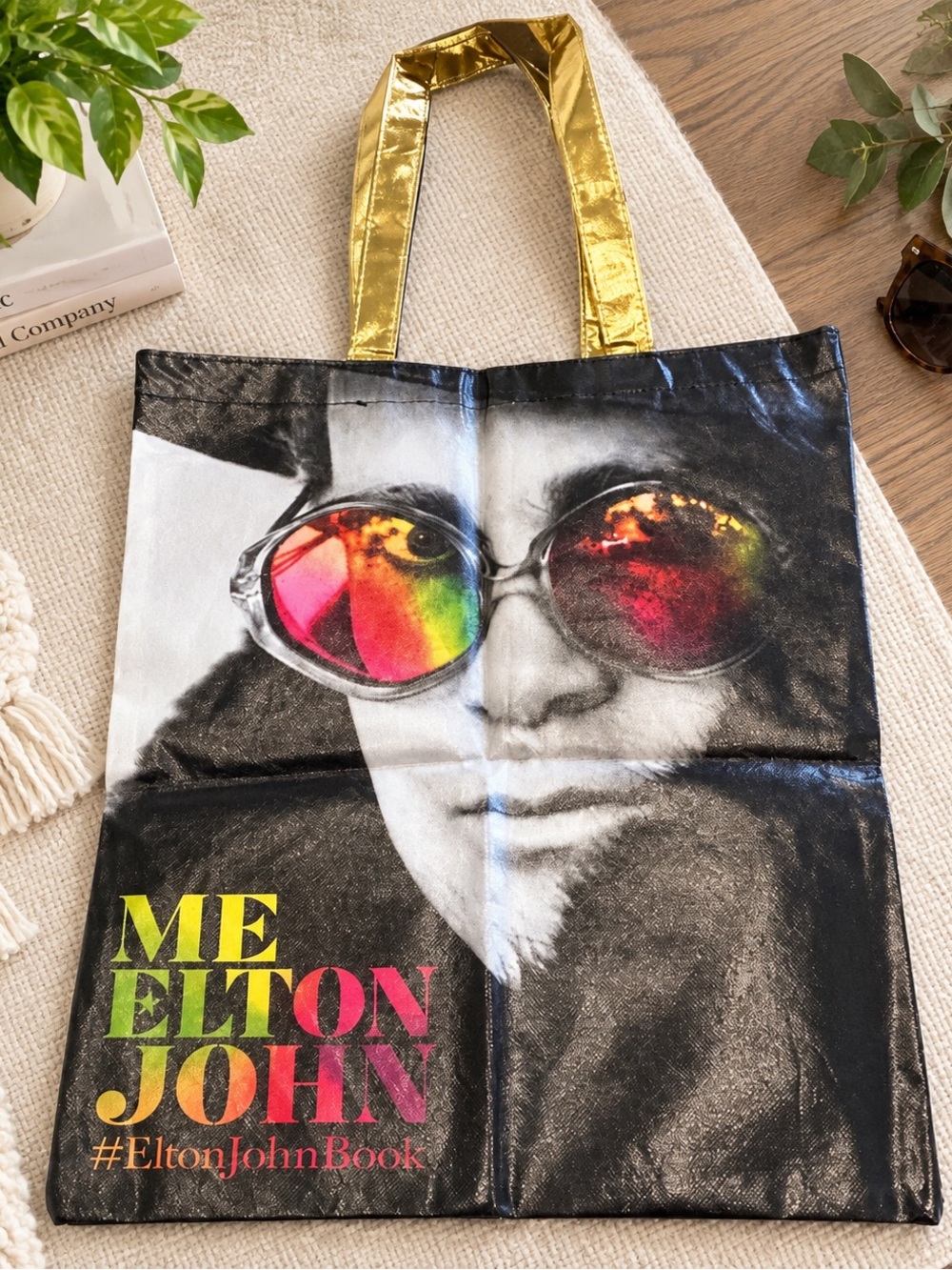 Elton John “Me” Book Promo Tote Bag Gold Metallic Handles Reusable Shopper
